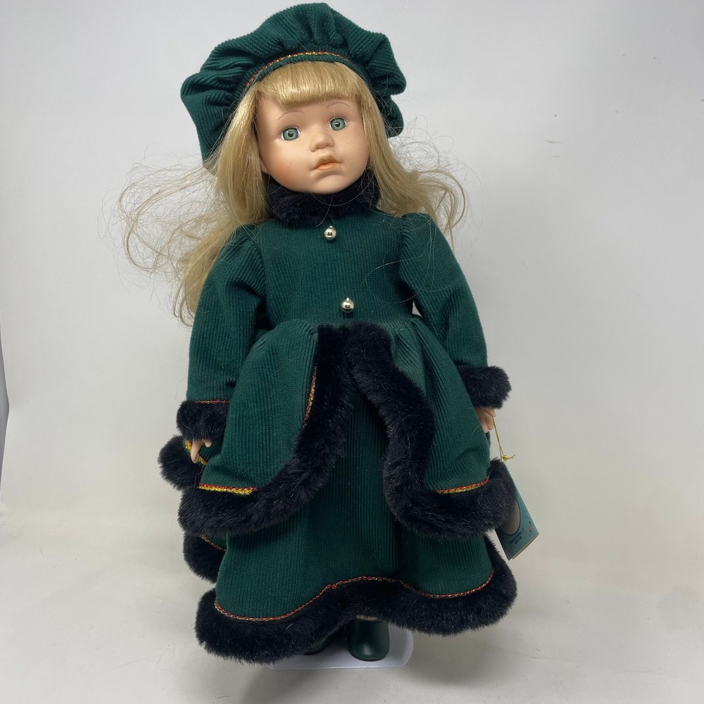 Noble Heritage Collection 1996 Porcelain Doll Green Corduroy Faux Fur Winter